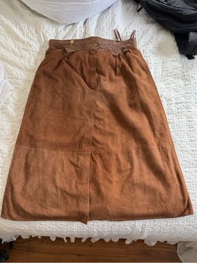Vintage Real Suede Brown Knee Length Skirt with Back Slit